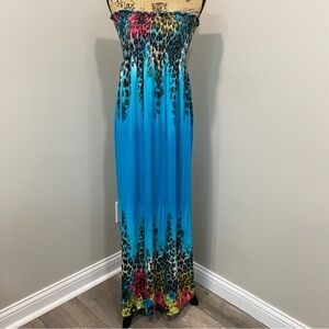 Bongo Blue Cheetah Cold Shoulder Strapless Maxi Dress Size M